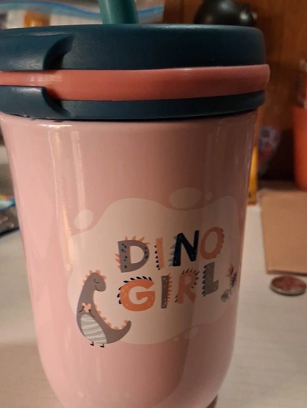 Dino Girl Pink Kids Straw Cup with Teal Lid Travel Mug
